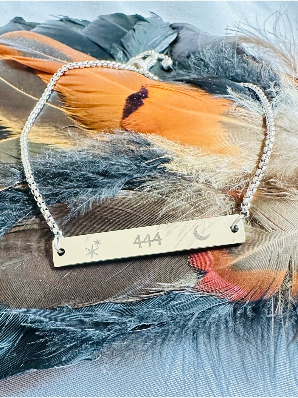 Stainless Steel 444 Angel Number Engraved Bar Bracelet with Stars & Moon - NEW